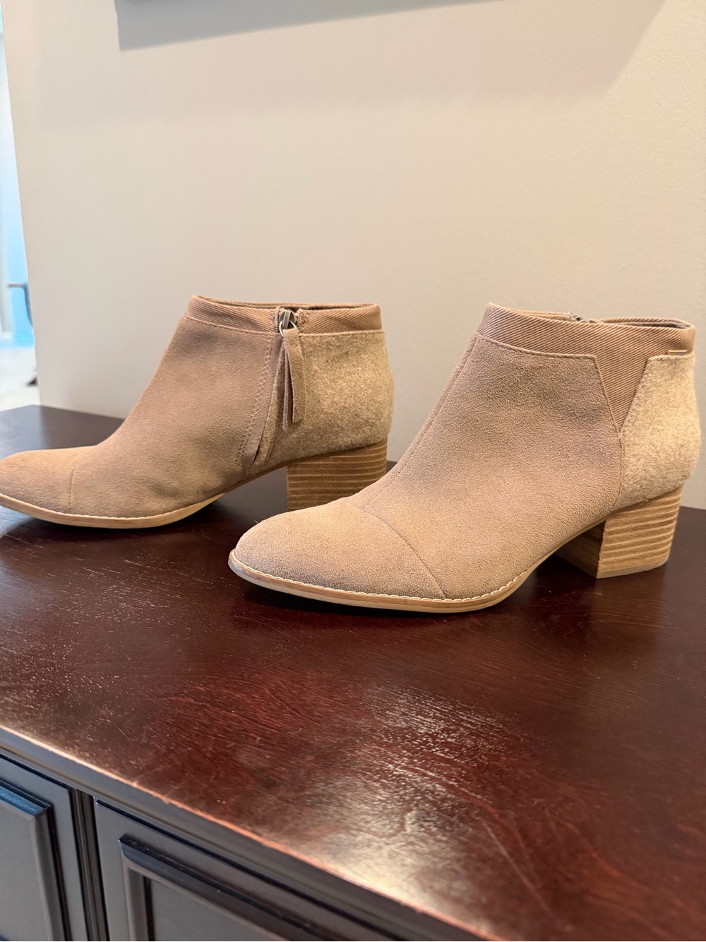 Toms Taupe Suede Ankle Booties with Stacked Heel